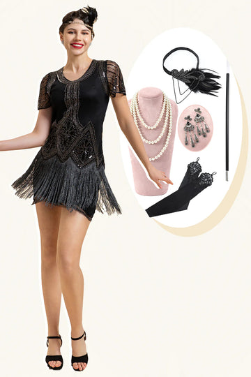 Black Beading Fringes Flapper Dress with 1920s Accessories Set